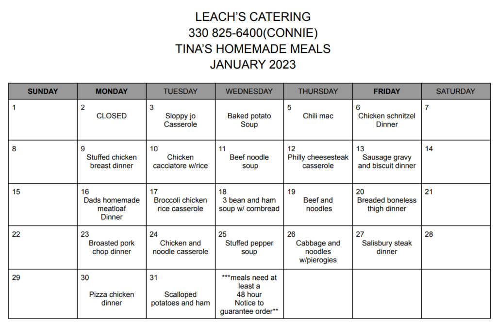 Tina’s Homemade Meals Leach's Meats and Sweets Meat, Bakery, and