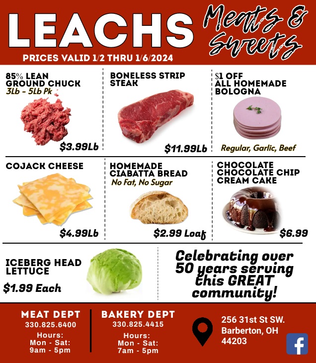 This Week’s Ad Leach's Meats and Sweets Meat, Bakery, and Catering Barberton, Ohio